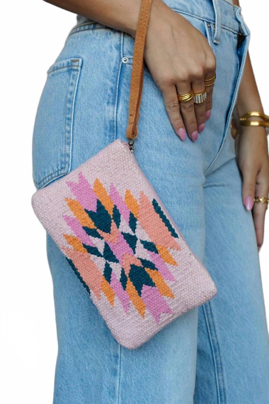 NEW PANACHE APPAREL women's aztec wristlet bag in pink, teal & orange